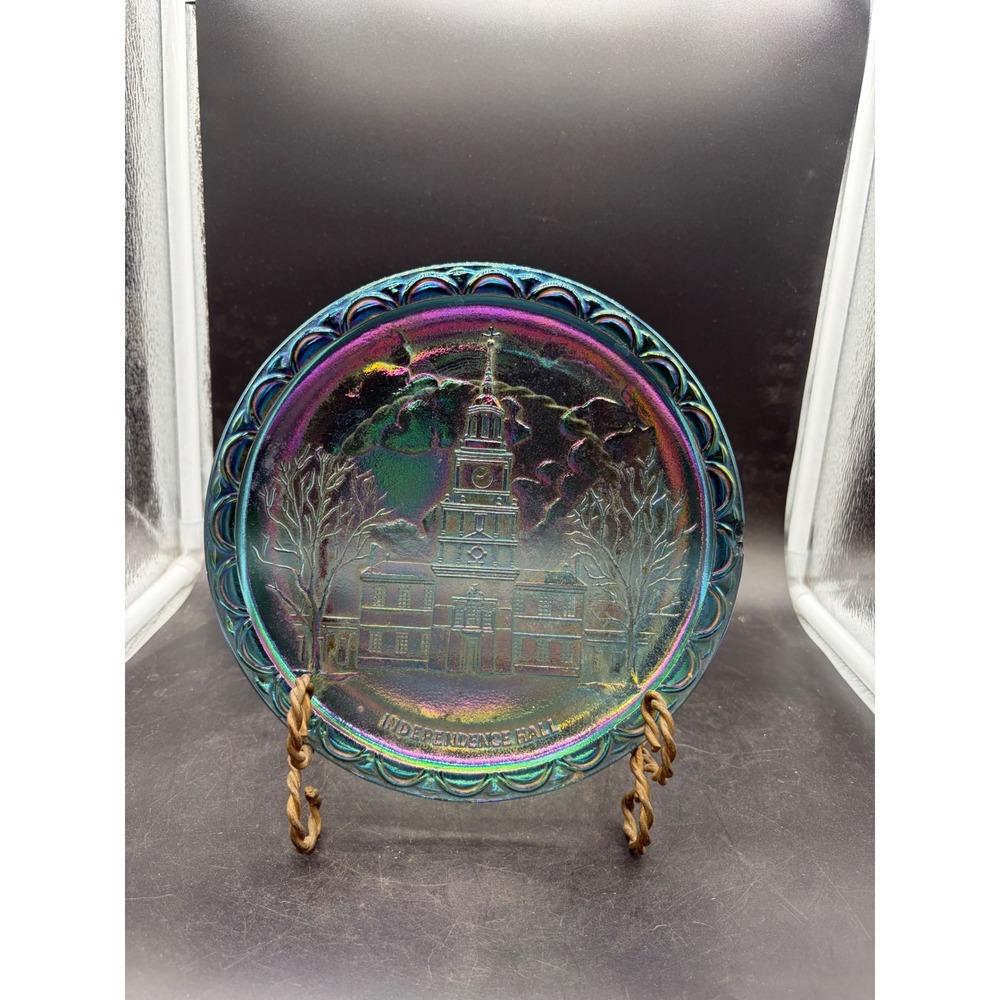 Vintage Independence Hall Carnival Glass Plate Iridescent Blue 8 Inch Collector